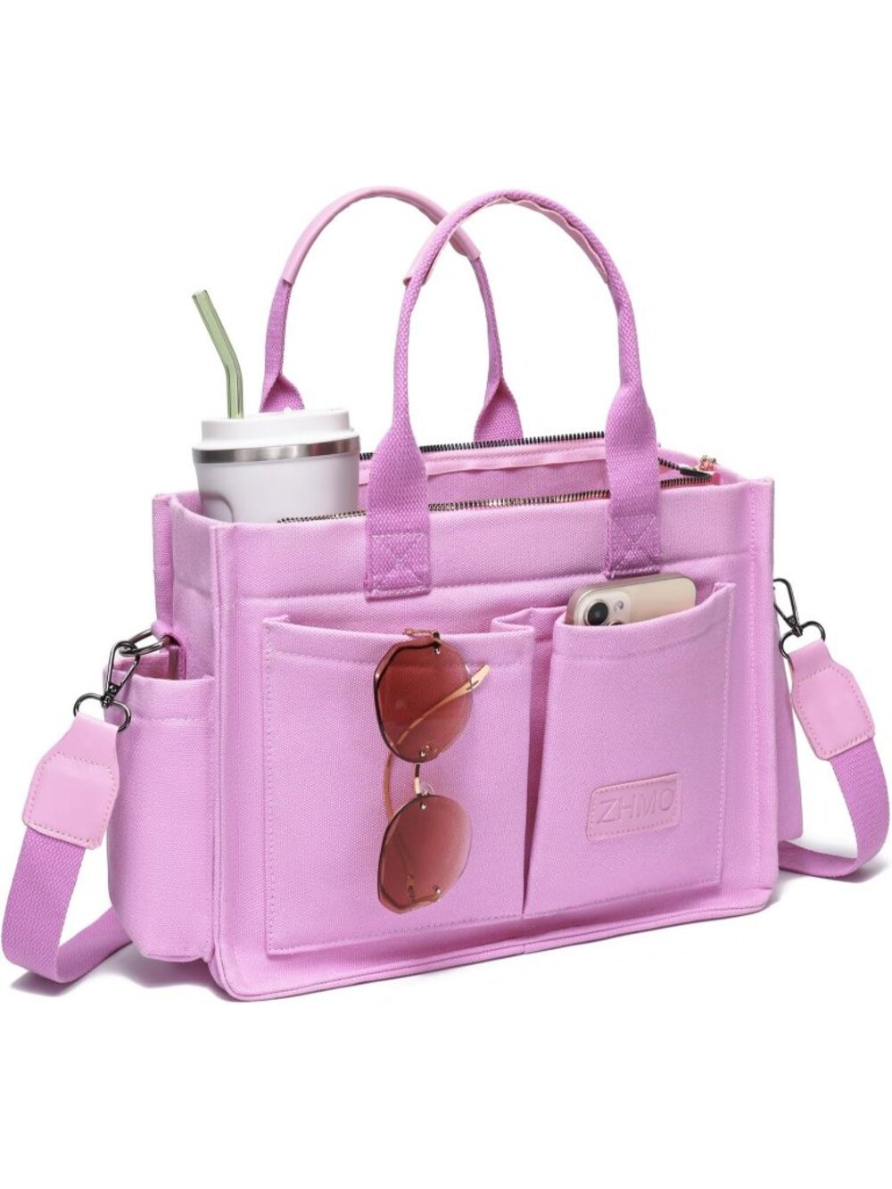 Womens Pink With Compartments Canvas Tote Large Handbags Crossbody Bags